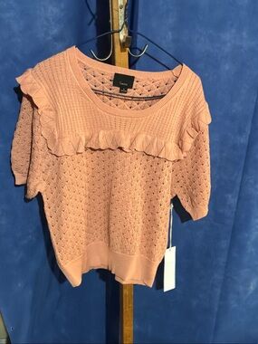 Lumiere Peach Ruffle Detail Short Sleeve Knit Sweater